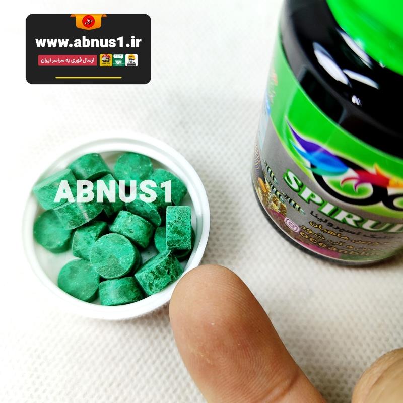  غذای قرصی اسپرولینا OCEANBLUE با قابلیت چسباندن به شیشه آکواریوم، سرشار از پروتئین و ویتامین برای رشد و رنگ ماهی‌های زینتی. تازه و عرضه‌شده توسط نمایندگی رسمی آبنوس‌وان.