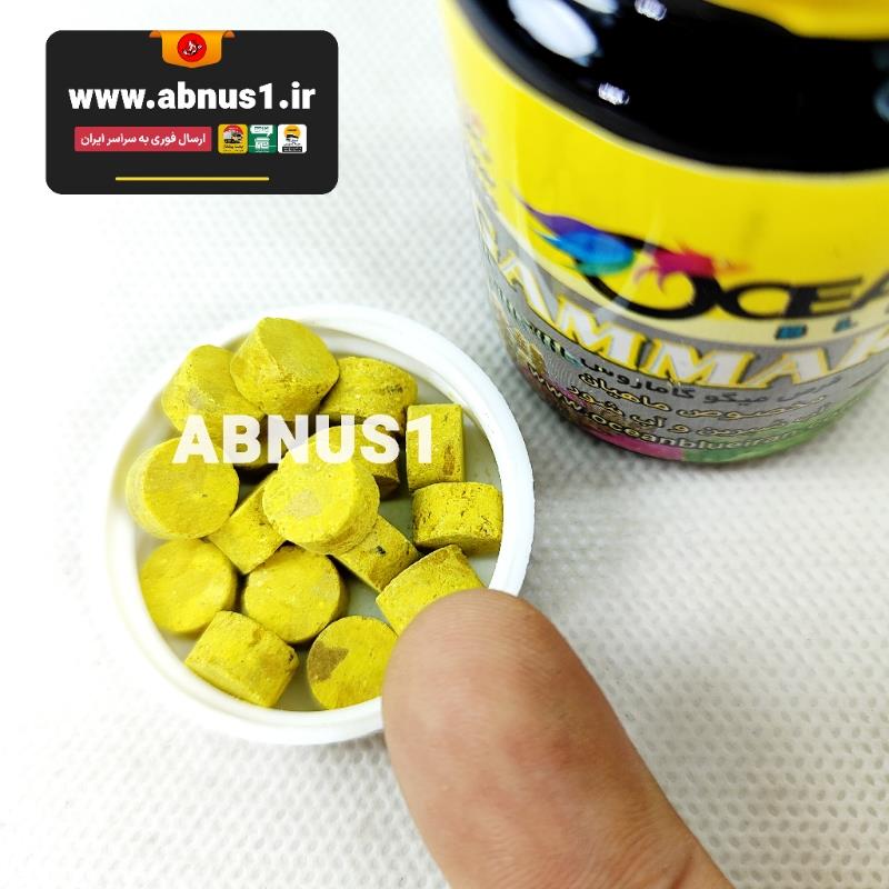 غذای قرصی طبیعی OCEANBLUE مدل گاماروس – منبع پروتئین طبیعی از میگوی خشک، مخصوص رشد و رنگ ماهی‌های زینتی. عرضه تازه از آبنوس‌وان.