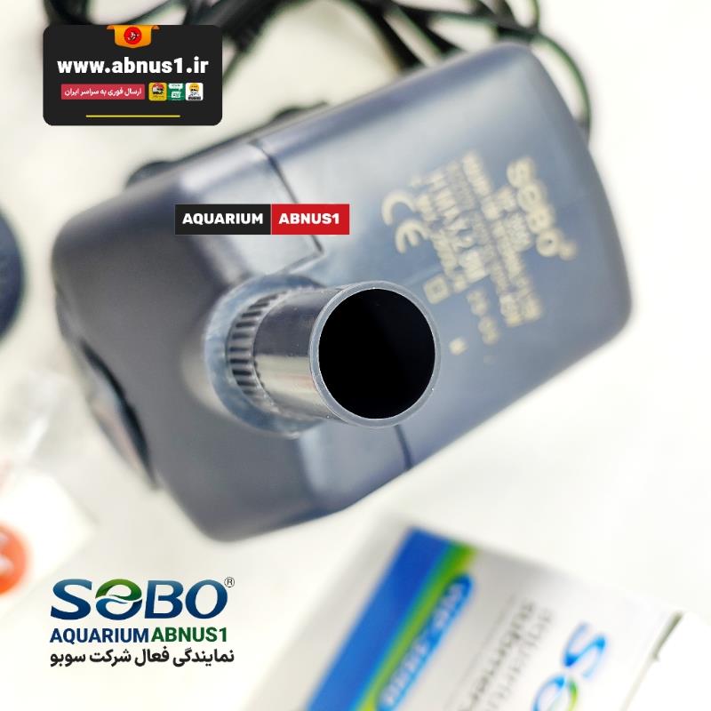 پمپ آب آکواریوم سوبو مدل WP-3550 با بدنه مقاوم، شفت سرامیکی، توان ۴۵ وات، خروجی قوی و ابعاد مناسب برای استفاده داخل سامپ، فیلتر و آکواریوم. تصاویر شامل نمای کامل پمپ، نازل خروجی، سیم برق، شفت سرامیکی و اطلاعات درج شده روی بدنه است.