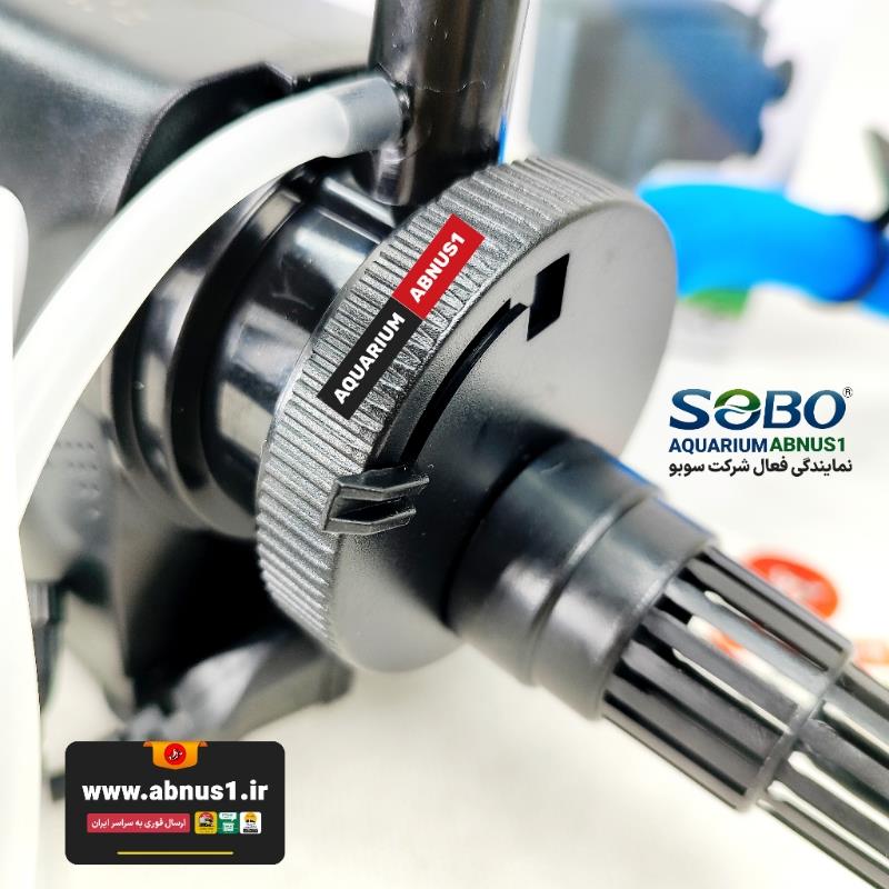 پمپ آب آکواریوم سوبو مدل WP-4880 با توان ۴۵ وات، ظرفیت ۳۰۰۰ لیتر در ساعت، مجهز به شفت سرامیکی و دیمر دستی تنظیم فشار. تصاویر شامل نمای کامل پمپ، خروجی آب، کلید تنظیم فشار، شفت سرامیکی و اطلاعات حک‌شده روی بدنه.