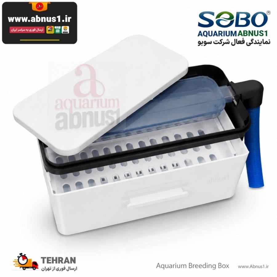 تصویر جعبه مدیا و فیلتر سطلی روآبی (Top Filter Box) برند معتبر سوبو مدل SOBO AQ-280F را مشاهده می‌کنید. این محصول با طراحی مدرن به رنگ سفید و مشکی، دارای بدنه‌ای مقاوم و اتصالات کامل جهت نصب روی لبه آکواریوم است. در تصاویر، ابعاد دقیق (۲۴ در ۱۰ در ۱۲ سانتی‌متر)، نمای داخلی محفظه قرارگیری مدیای بیولوژیک و ابر، و همچنین بست‌های نگهدارنده جهت پایداری کامل بر روی شیشه آکواریوم به وضوح نمایش داده شده است.