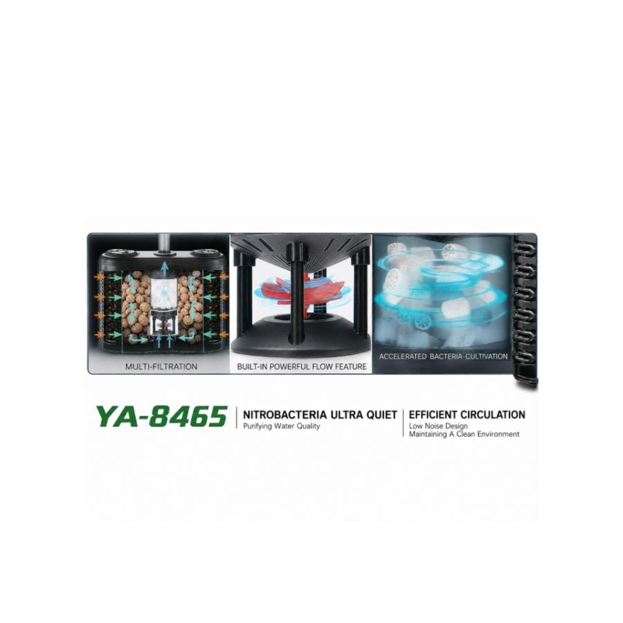  یلتر داخلی آکواریوم Air Lifting Internal Filter مدل YA-8465 برند AQUACRAFTSMAN با سیستم ایرلیفت (کارکرد با پمپ هوا)؛ دارای گردش آب قوی داخلی، فیلتراسیون چندمرحله‌ای و محفظه مدیا + پد برای شفافیت آب و کمک به رشد باکتری‌های مفید. خروجی آب قابل تنظیم و چرخش ۳۶۰ درجه، عملکرد کم‌صدا، مناسب آکواریوم‌های ۲۰ تا ۲۰۰ لیتر. ارتفاع دستگاه ۲۸ سانت و قابل رگلاژ تا ۳۸ سانت، به همراه شلنگ و ۴ عدد چسبانک نصب روی شیشه.