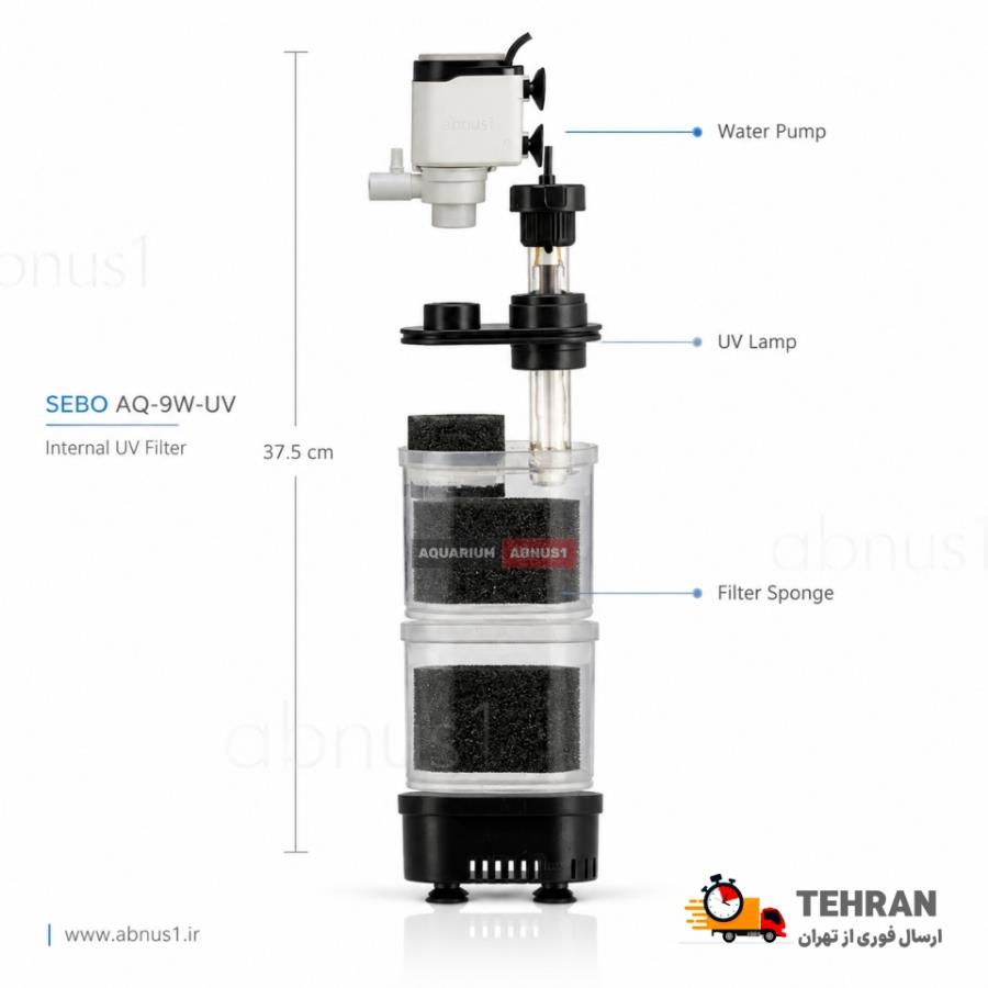 فیلتر داخلی یو‌وی‌دار سوبو (SEBO) مدل AQ-9W-UV با طراحی مدرن و کشیده (ارتفاع ۳۵ سانتی‌متر)، دارای پمپ قدرتمند و لامپ UV داخلی برای ضدعفونی آب، بدنه سفید مینیمال با مخازن اسفنجی سیاه که در کنار هم نمای فنی و زیبایی محصول را نشان می‌دهد. بسته‌بندی اورجینال برند سوبو با نمایش مشخصات کلیدی (9 وات UV و گردش ۶۰۰ لیتر در ساعت) در کنار محصول اصلی.