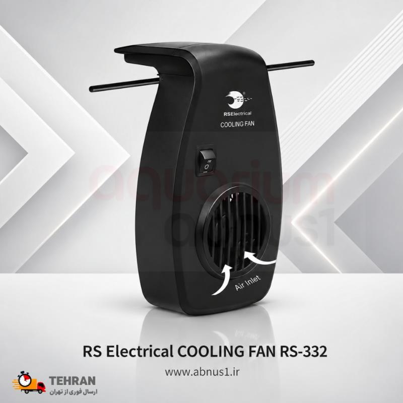تصویر بسته‌بندی فن خنک‌کننده آکواریوم برند RS Electrical مدل RS-332 با رنگ مشکی، شامل مشخصات فنی، راهنمای نصب و ویژگی‌های محصول مانند مصرف بهینه انرژی و قابلیت استفاده برای آب شیرین و شور.