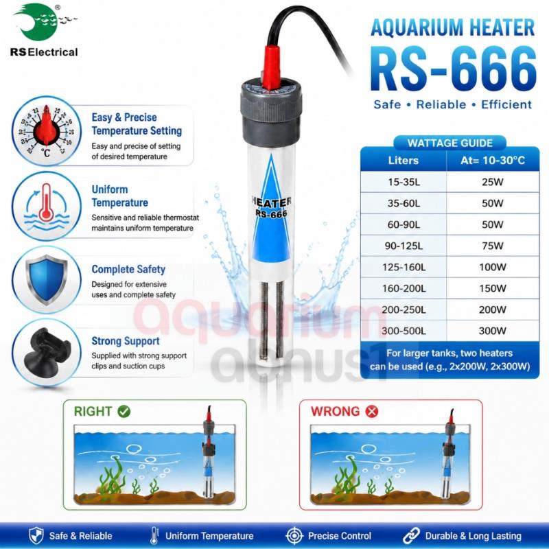 تصویر بسته‌بندی و خودِ دستگاه بخاری آکواریوم برند RS Electrical مدل RS-666. در تصویر، ویژگی‌های فنی محصول به زبان انگلیسی، جدول راهنمای انتخاب وات مناسب بر اساس حجم آب، نشانگر دمای قابل تنظیم، بدنه شیشه‌ای مقاوم (Proof against crack) و مکنده‌های اتصال به شیشه مشاهده می‌شود. همچنین لوگوی استاندارد CE و ISO 9001 بر روی جعبه درج شده است.