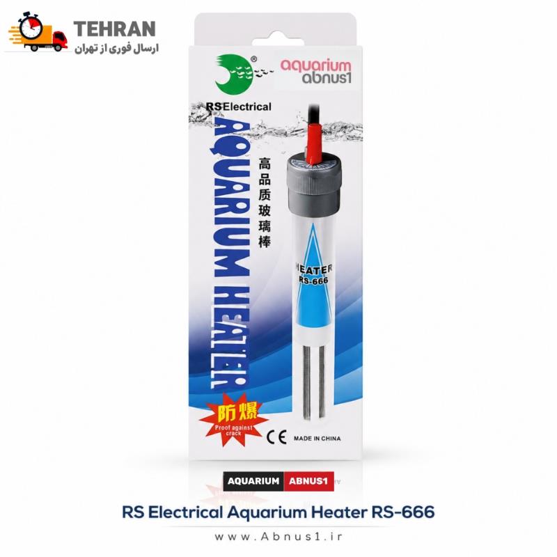 تصویر بسته‌بندی و خودِ دستگاه بخاری آکواریوم برند RS Electrical مدل RS-666. در تصویر، ویژگی‌های فنی محصول به زبان انگلیسی، جدول راهنمای انتخاب وات مناسب بر اساس حجم آب، نشانگر دمای قابل تنظیم، بدنه شیشه‌ای مقاوم (Proof against crack) و مکنده‌های اتصال به شیشه مشاهده می‌شود. همچنین لوگوی استاندارد CE و ISO 9001 بر روی جعبه درج شده است.