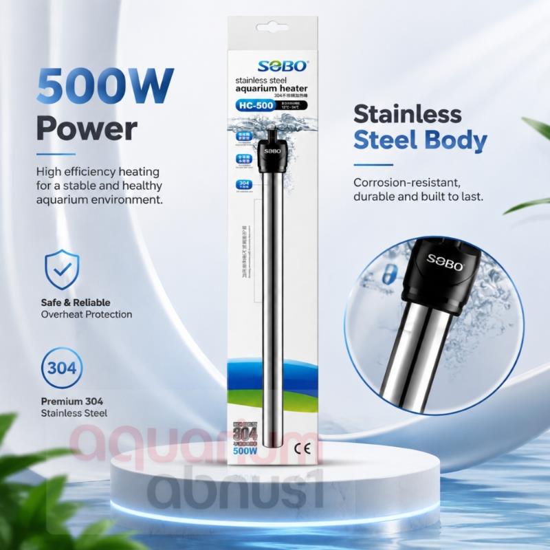 تصویر بسته‌بندی بخاری صنعتی و حرفه‌ای آکواریوم برند SOBO مدل HC-500. بدنه این بخاری از استیل ضد زنگ ۳۰۴ ساخته شده و دارای توان ۵۰۰ وات است. در تصویر، جزئیات فنی شامل بازه دمایی ۱۲ تا ۳۴ درجه، نشانگر ضد آب بودن، و نحوه صحیح نصب بخاری در آب به صورت کاملاً غوطه‌ور نمایش داده شده است.