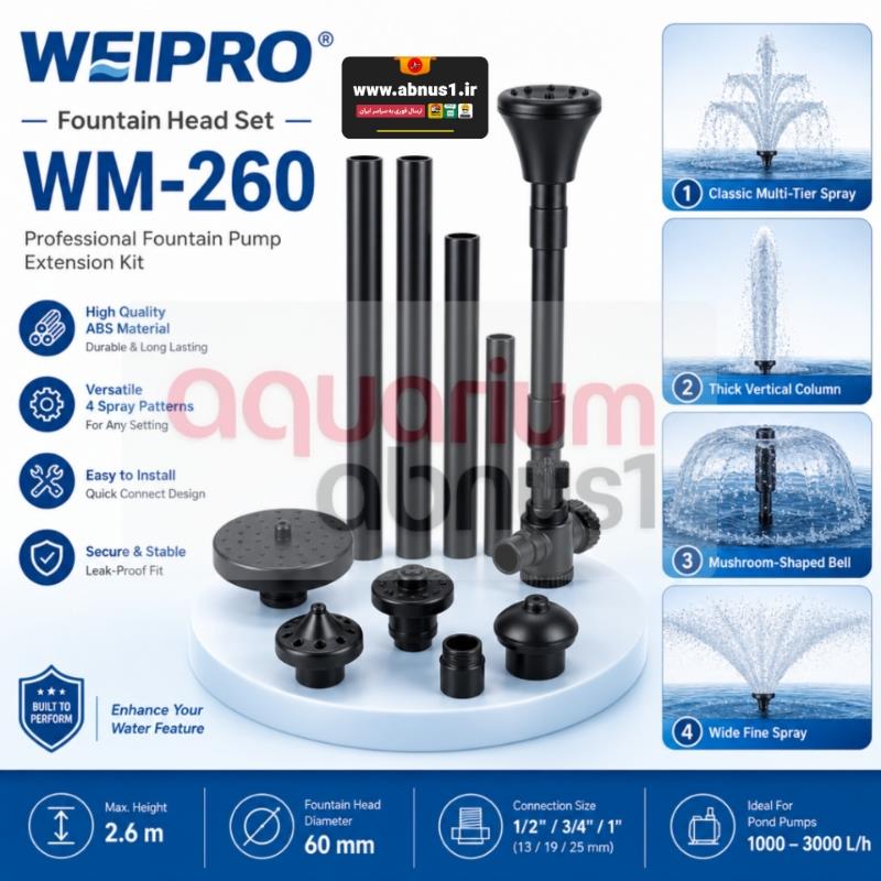 بسته‌بندی اصلی محصول WEIPRO WM-260 FOUNTAIN HEAD که چهار افکت مختلف خروجی آب (از جمله مدل‌های چند شاخه و چتری) را نمایش می‌دهد.