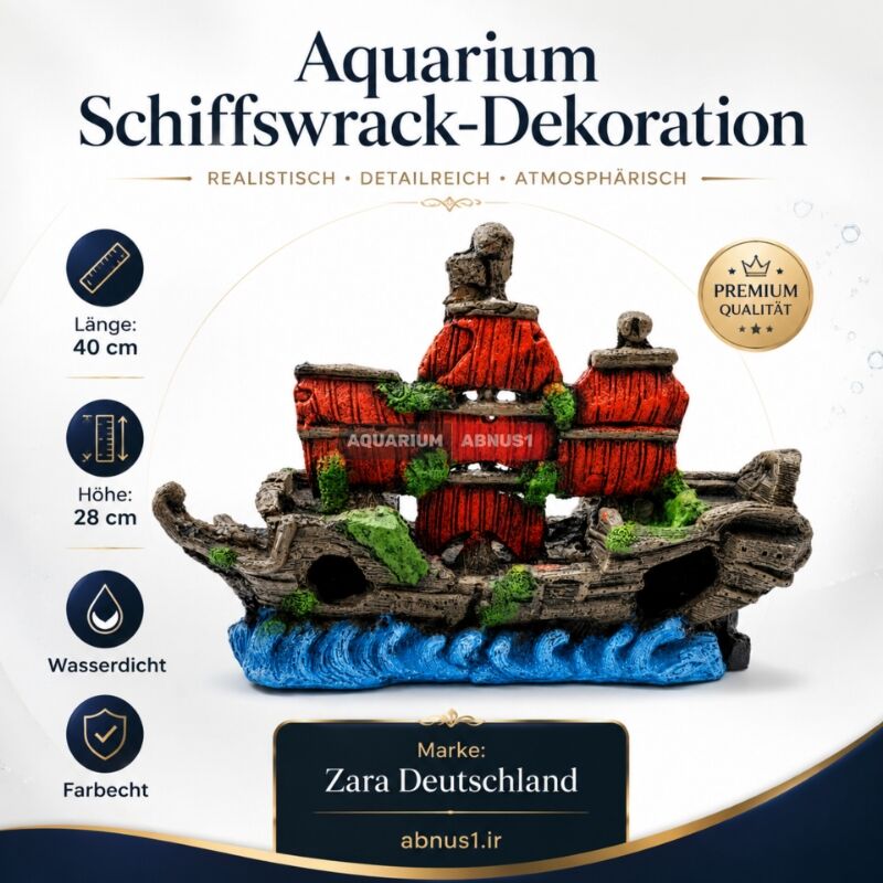 خرید دکور کشتی شکسته آکواریوم برند Zara Deutschland با طول ۴۰ سانتی‌متر و ارتفاع ۲۸ سانتی‌متر.تزئینات کشتی قدیمی رزینی، ضدآب و ایمن با حفره‌های مخفیگاه برای انواع ماهی‌های آب شیرین و شور.