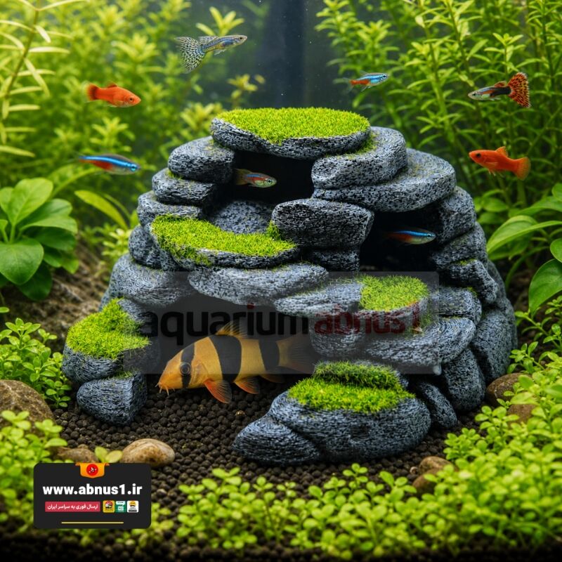 دکور و تزئین آکواریوم Japanese Cave Rock برند ZARA آلمان با ابعاد ۱۲ × ۸ سانتی‌متر، یک غار سنگی زیبا با پوشش سبز شبیه خزه است.این دکور کوچک و کاربردی، پناهگاهی امن برای ماهی‌ها ایجاد کرده و جلوه‌ای طبیعی و صخره‌ای به آکواریوم می‌بخشد.