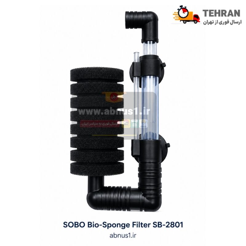 تصویر بیوفیلتر اسفنجی دیواری آکواریوم سوبو مدل SOBO SB-2801 همراه با چسبانک‌های قوی و لوله خروجی تلسکوپی شفاف.بسته‌بندی وکیوم فیلتر اسفنجی تک‌کاسه دیواری سوبو SB-2801 با نمایش قطعات، مکانیزم هوادهی و راهنمای نصب به شیشه آکواریوم.