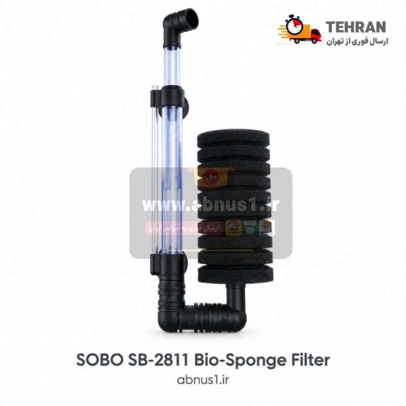 تصویر فیلتر اسفنجی بیولوژیکی دیواری آکواریوم سوبو مدل SOBO SB-2811 با اسفنج بلند شیاردار و لوله خروجی شفاف تلسکوپی.بسته‌بندی اورجینال بیوفیلتر دیواری سوبو مدل SB-2811 همراه با بادکش‌های چسبان قوی، راهنمای اجزا و مکانیزم هوادهی آکواریوم.
