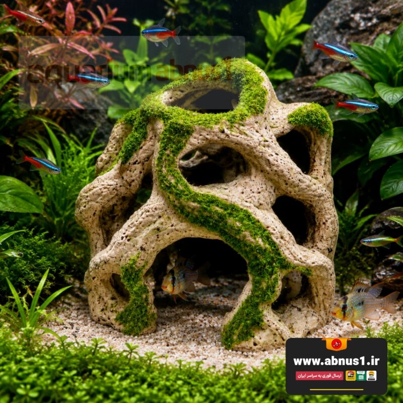 خرید دکور صخره آتشفشانی لانه زنبوری حفره دار زارا (ZARA Honeycomb) سایز ۱۲×۱۵ سانتی‌متر با پوشش خزه طبیعی؛ غار و مخفیگاه رزینی خنثی و ایمن، ایده‌آل برای عبور، بازی و استراحت ماهیان و میگوها در آکواریوم و تراریوم.